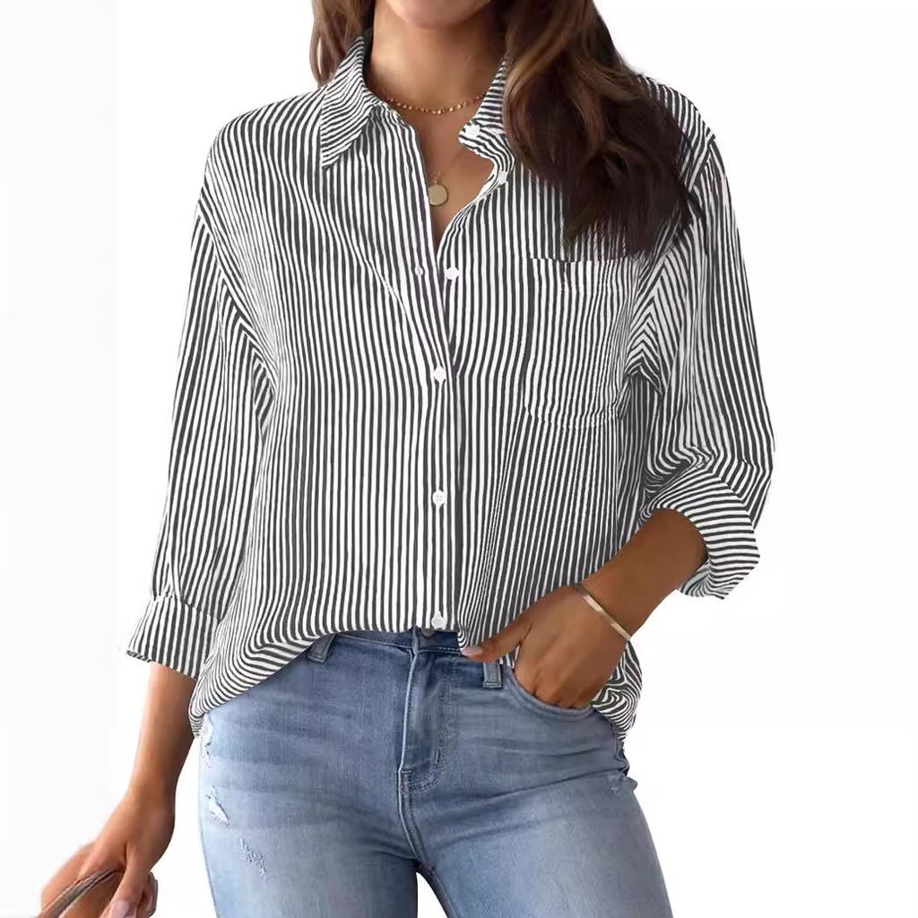 Womens Button Down Shirts Striped Classic Long Sleeve Collared Office Work Blouses Tops with Pocket