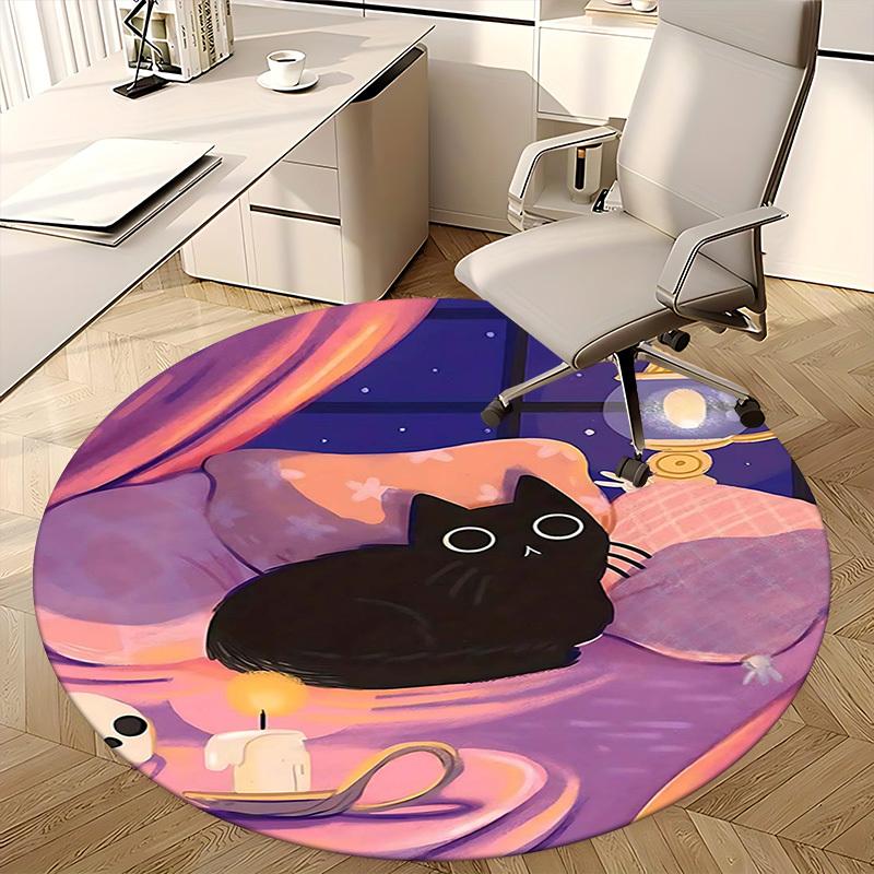 1pc Anime Design Black Cat Round Carpet Office Chair Mat, Non Slip Rug for Home Decor, Gift, Office, Living Room, Bedroom