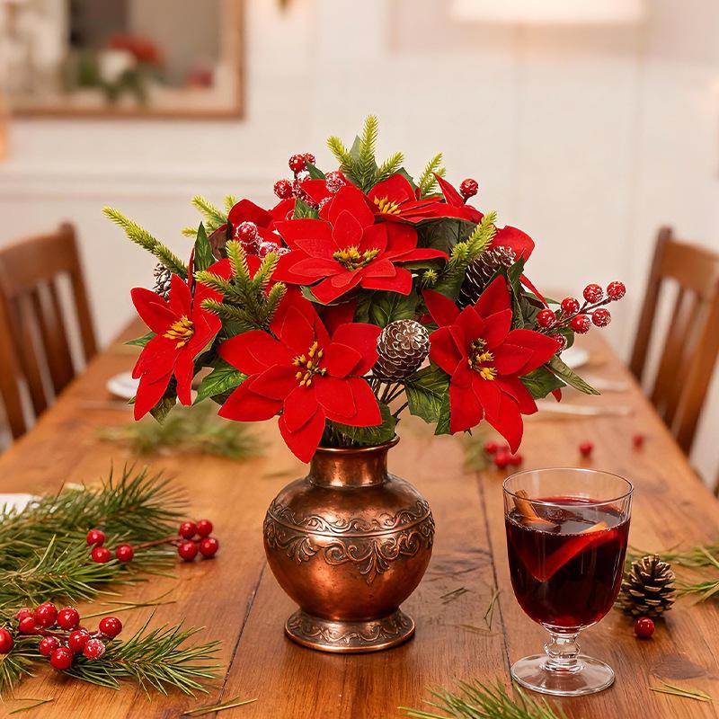 Artificial Christmas Bouquet with Pine Cones, Poinsettias, and Pine Needles for Home Decoration