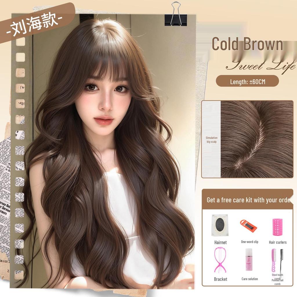 Women's Full Head Wig with Realistic Hair Fibers, Seamless Frontal, Large Scalp Coverage, Bangs, and Large Wave Long Curls