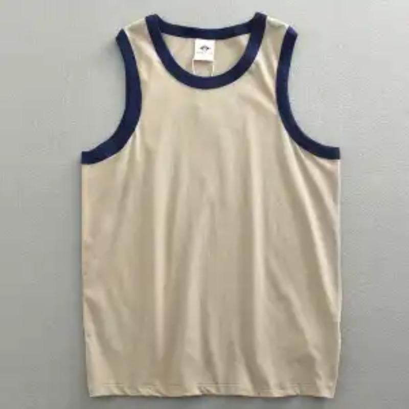 Men Blue Orange Contrast Trim Crew Neck Sleeveless Tank Top M