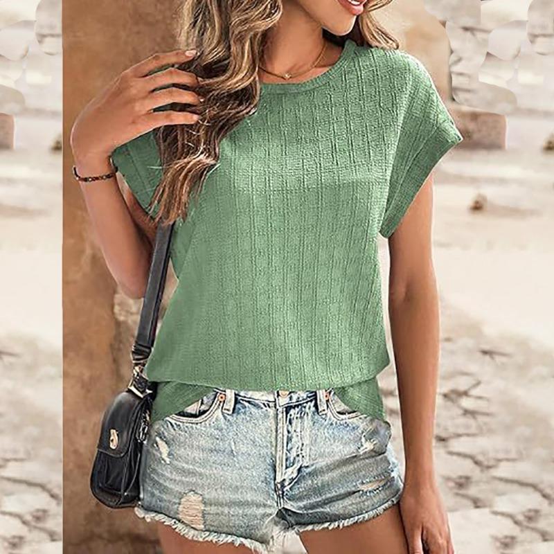 

Loose Round Neck Short Sleeved Jacquard T-shirt Women Casual Checkered Loose Blouse Solid Color Female Fashion Elegant Office Simple Shirts Sweet Tops XXL