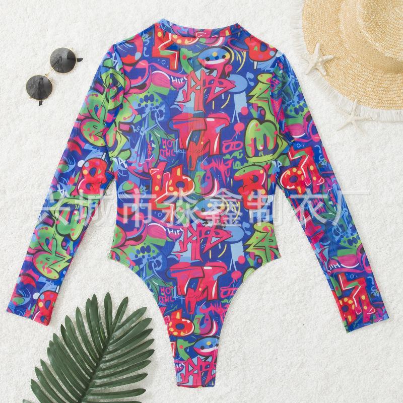 Women's Printed Mesh Zipper Long Sleeve One-Piece Swimsuit
