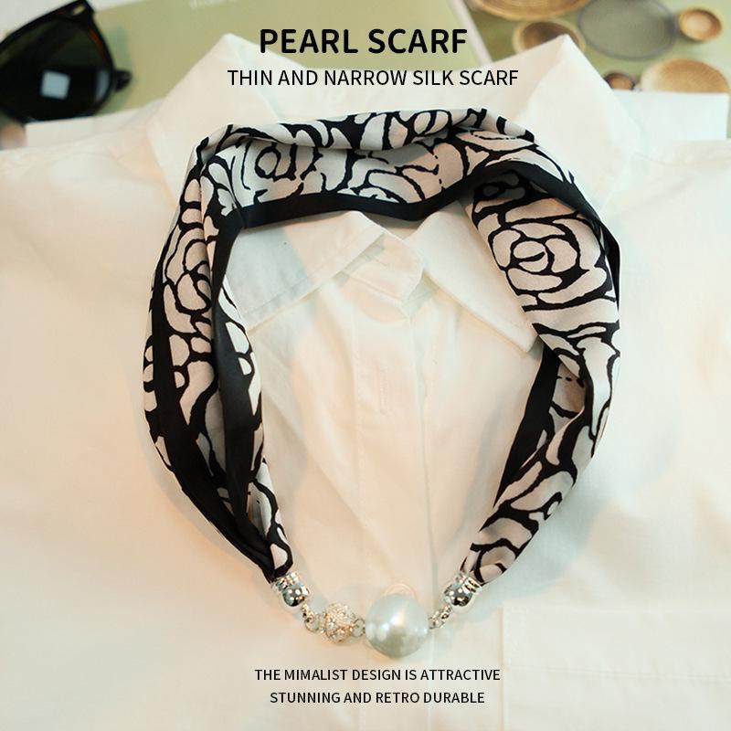 Elegant Silk Scarf with Magnetic Buckle and Pearl Necklace - Stylish Clavicle Chain for Women
