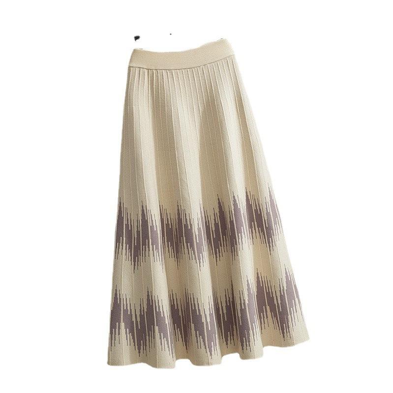 Autumn/Winter Knitted Skirt for Women Geometric Pattern Medium Length High Waisted Skirt A-line Long Skirt