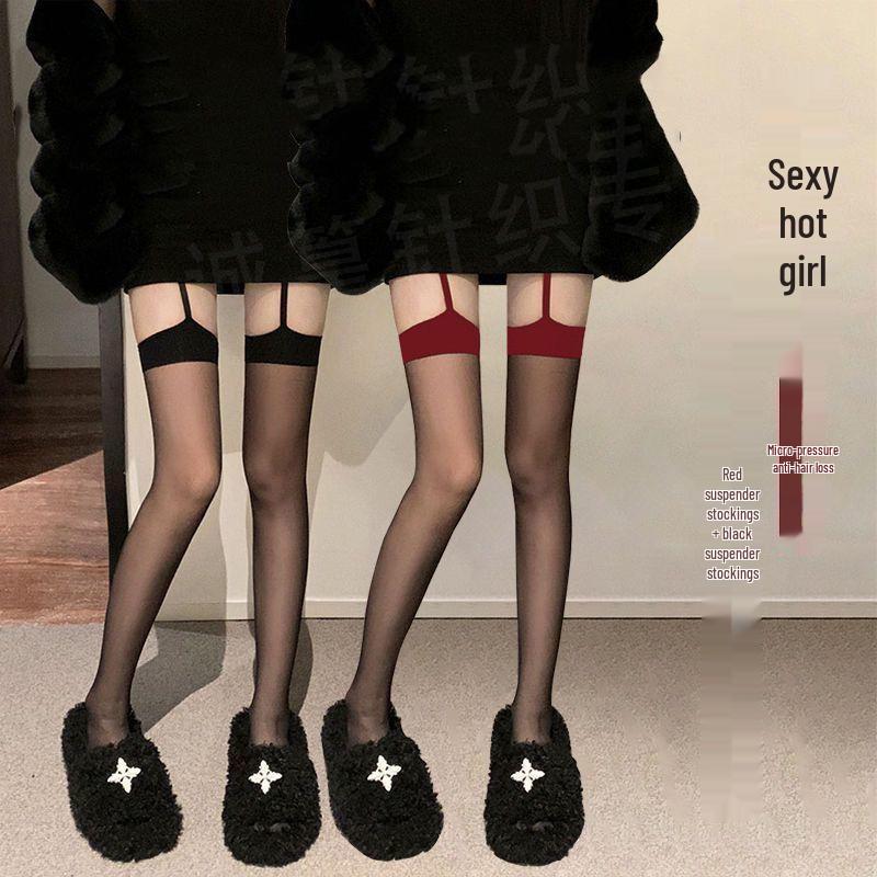 

Red Color Block One-Piece Suspender Stockings with Black Silk and Ripped Holes One Size