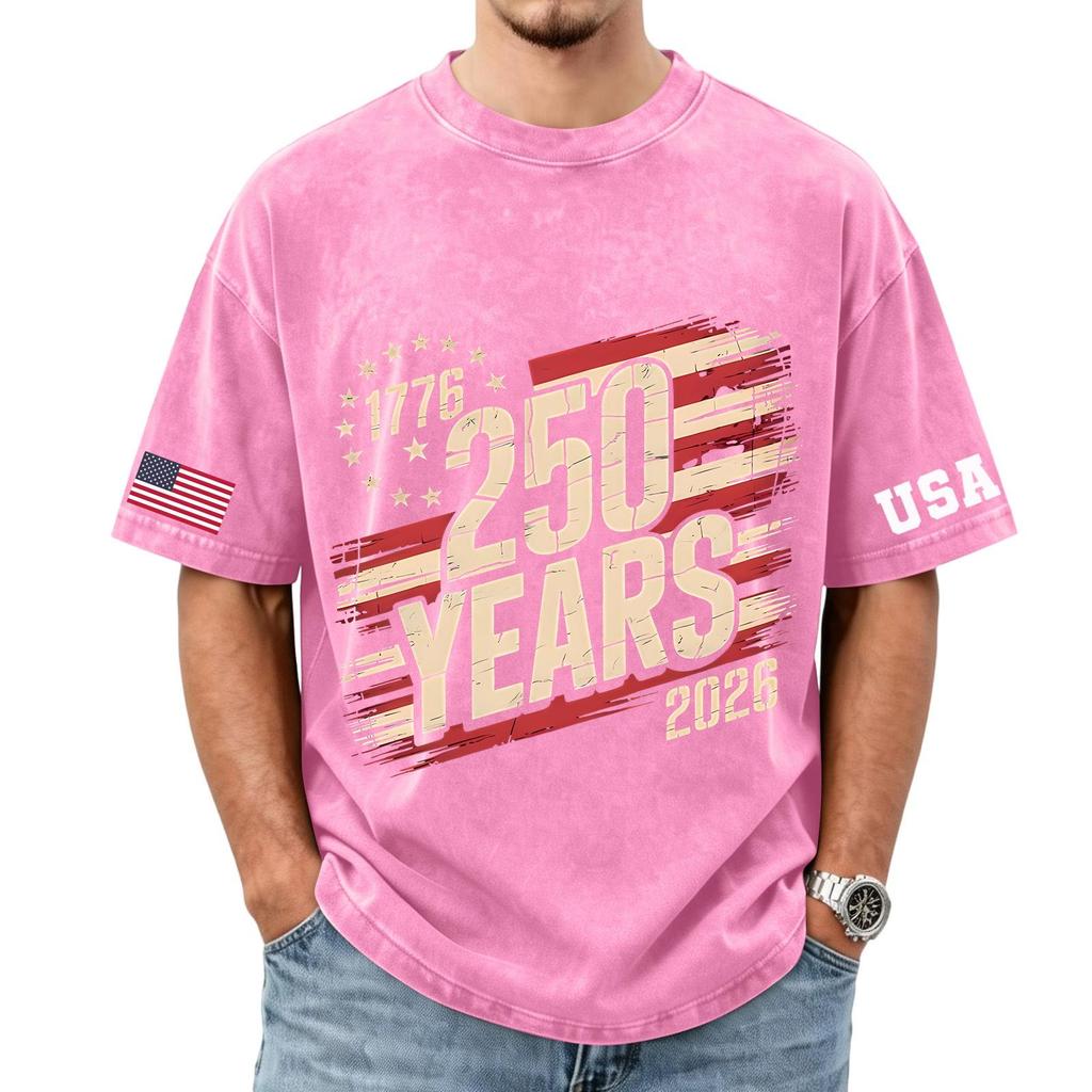 Men's loose and casual flag letter print T-shirt - Men's trendy washed short-sleeved top