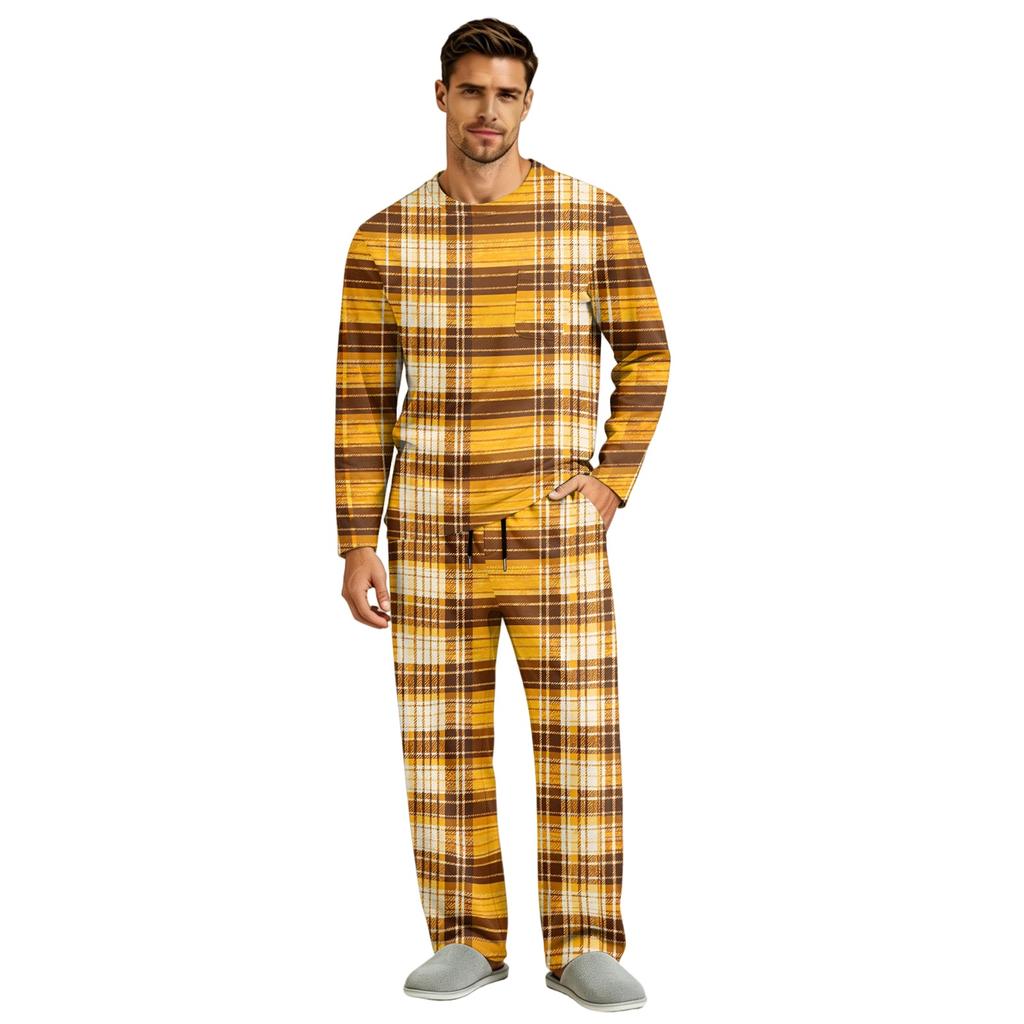 Men's Long Sleeve Pajama Set with Button Crotch and Elastic Drawstring Waist for Home Comfort