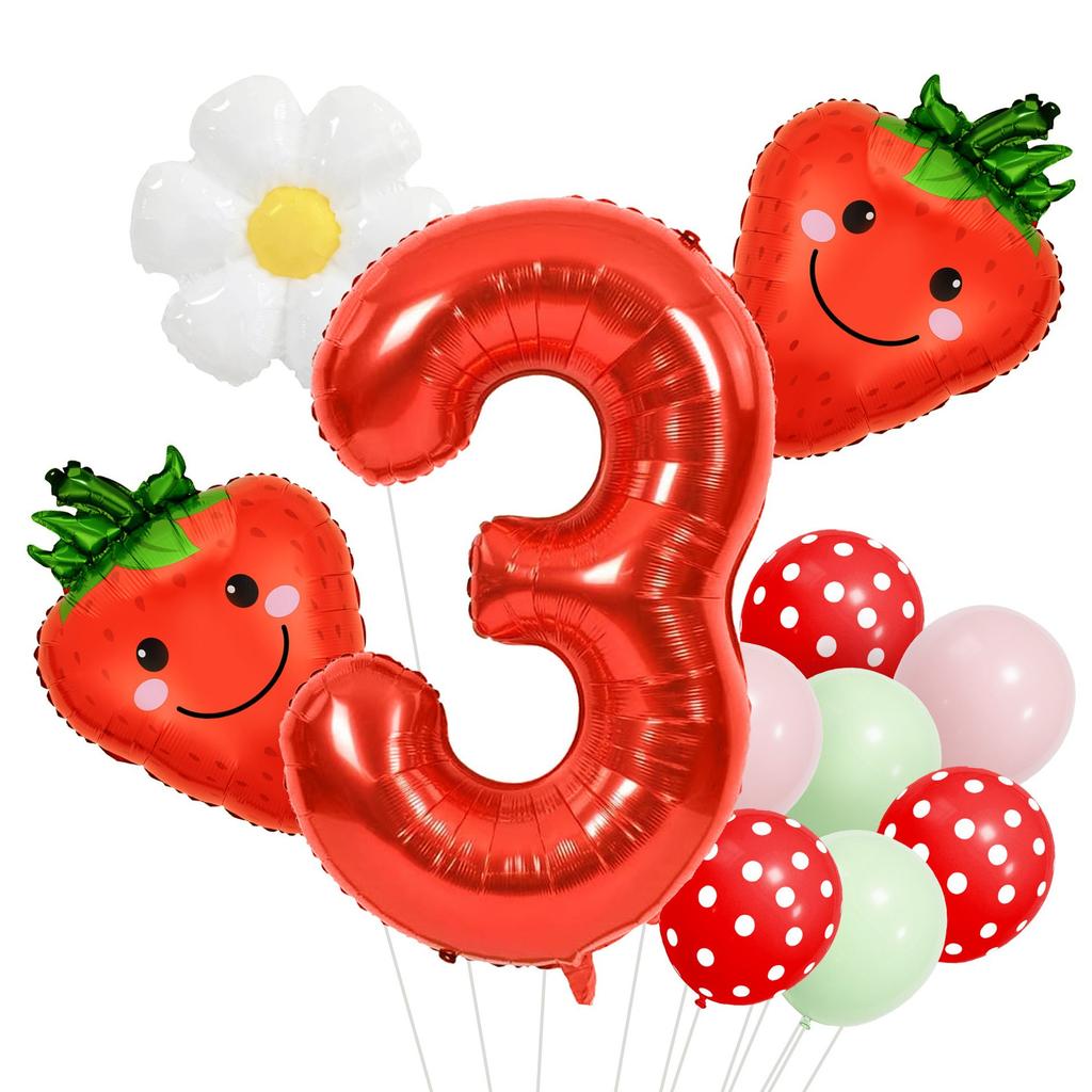 12pcs Strawberry and Red Polka Dot Digital Balloon Set  40 Inch Aluminum Foil, Suitable for Birthday Parties and Celebrations