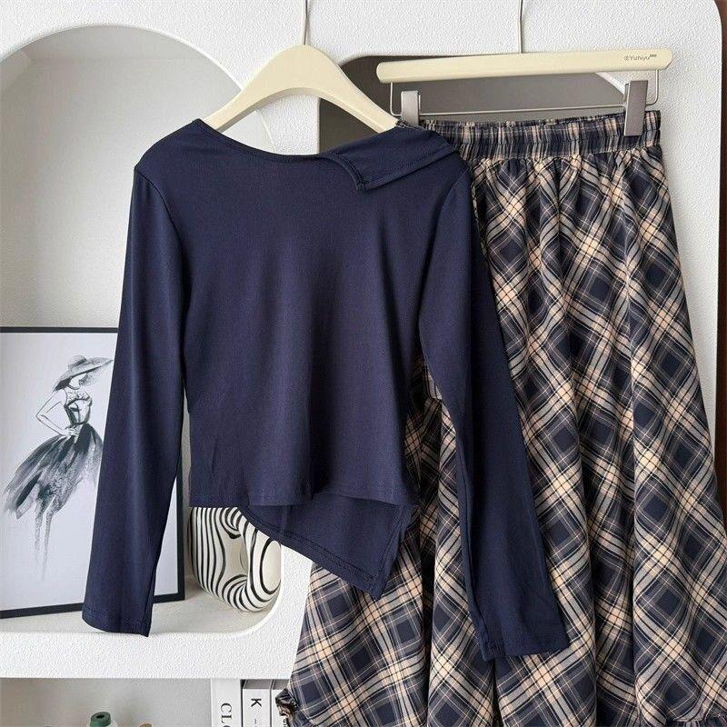 2025 Early Autumn Women's Casual Long-Sleeve T-Shirt & High-Waisted Plaid Skirt Set