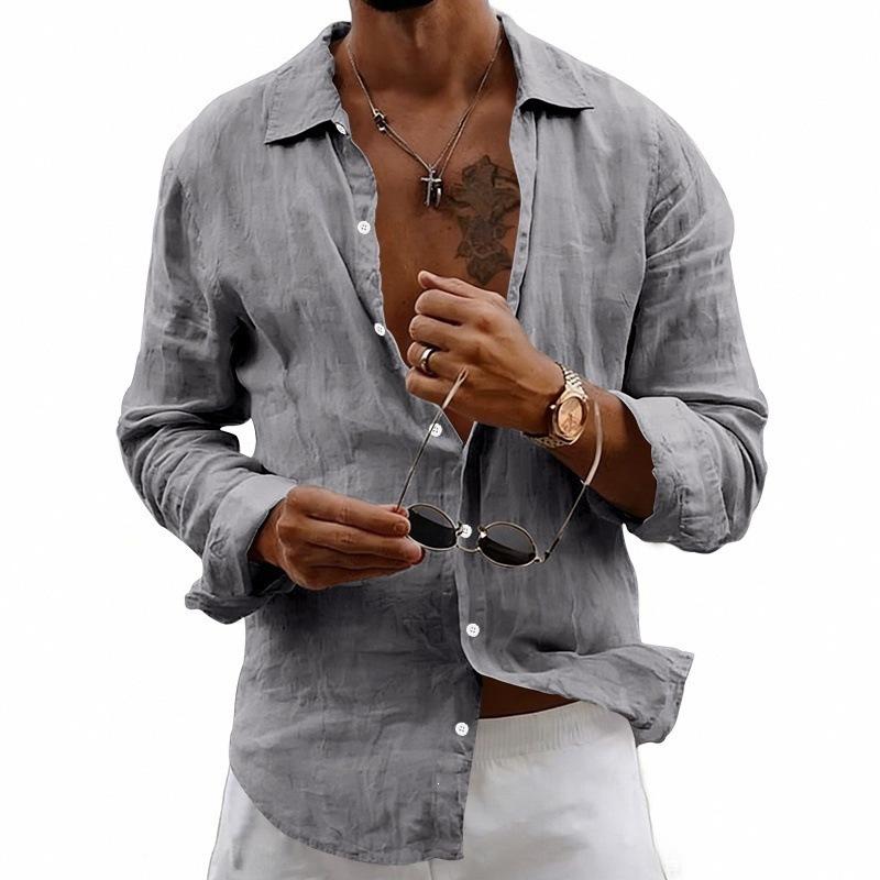 Mens Casual Linen Cotton Long Sleeve Button Down Shirt