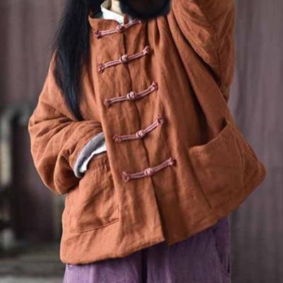 Women Vintage Linen Parkas Button Solid Color Coats Winter Stand Plus Cotton Pockets Female Chinese Parkas