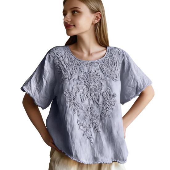 Women Tops Round Neck Short Sleeve Retro Floral Art Print Pullover Tops Loose Fit Soft Fabric Casual Summer Shirt