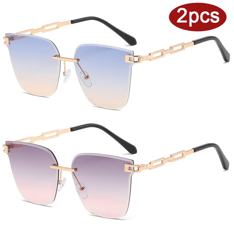 2pcs Fashion Rimless Large Cat Eye Sunglasses Women Gradient Brown Cutting Lens Sun Glasses For Female Alloy Eyeglasses UV400