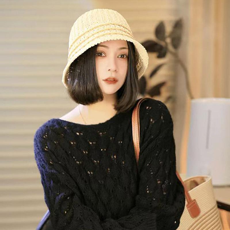 

Small face knitted hat spring and summer breathable versatile sunshade bucket hat small face bell type basin hat шампанского