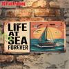D Flat Pc Vintage Nautical Metal Sign  Life At Sea Forever Aluminum Wall Decor X Rustic Coastal Beach