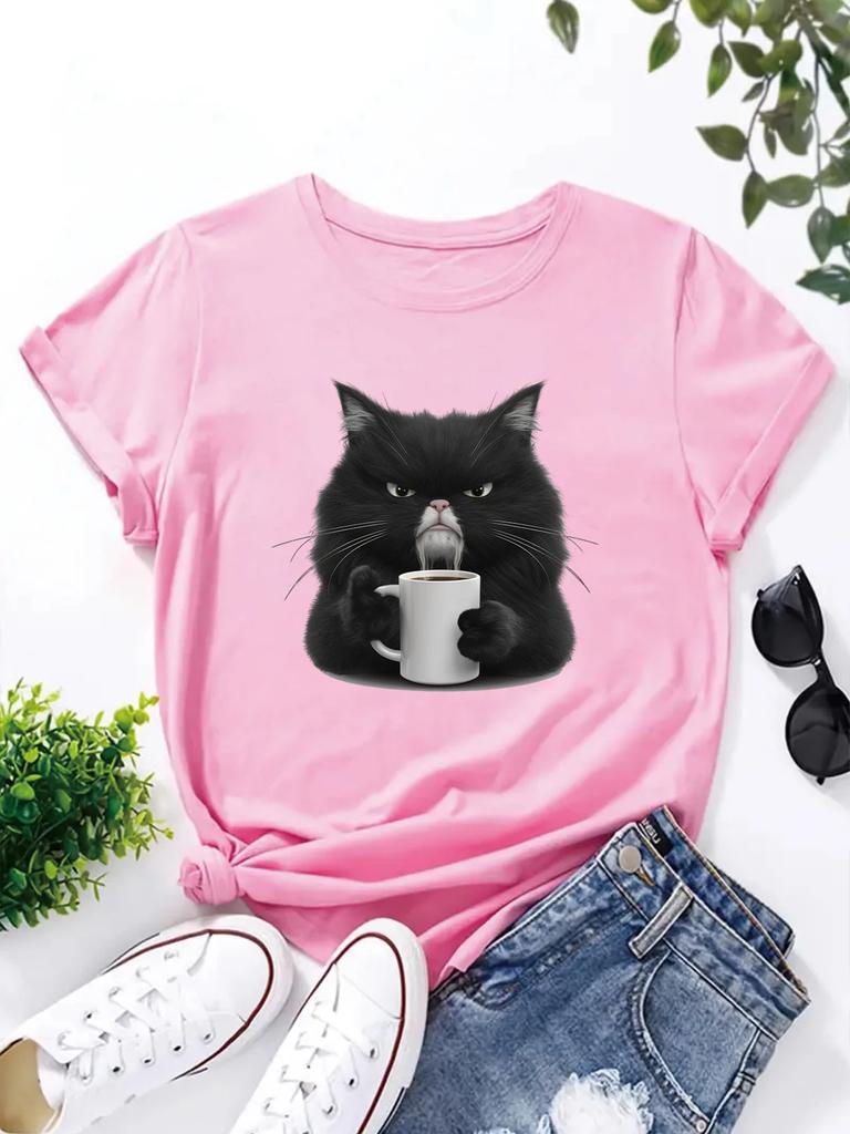 Cute Coffee Drinking Cat Women T Shirt Summer Fashion Short Sleeved T-shirt Tee Tops O-neck Casual Tshirt Women's Clothing