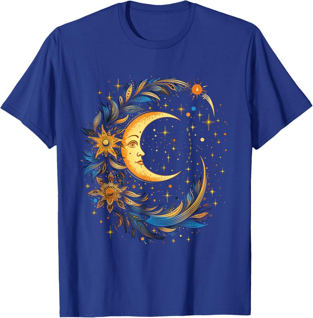 Mystic Celestial Moon and Sun Face Graphic Tee Casual Cotton Short Sleeve T-Shirt for Men