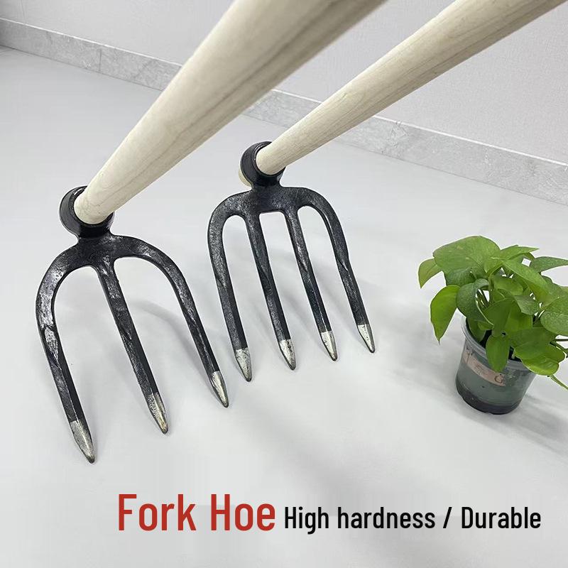 Multi-functional Steel Hoe and Fork: 3-4 Tine Rake for Agricultural Tilling and Soil Loosening Three Tine Single-head Hoe