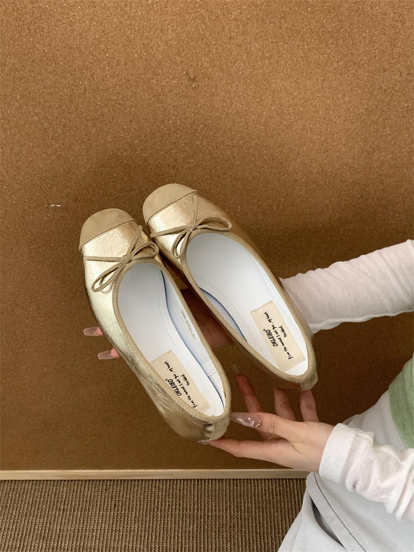 

2025 spring bow single shoes women s flat four-season shoes fairy wind gentle evening shoes round head ladyshoes Doudou shoes 39 золотой