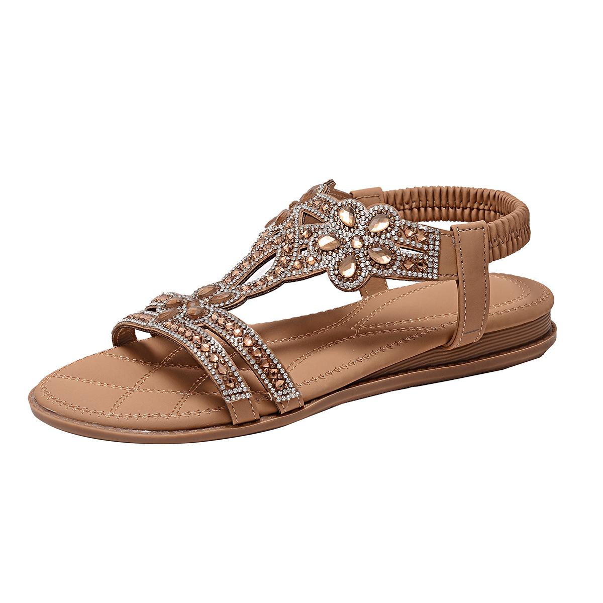 

Summer 2025 ethnic style sandals bohemian retro beaded large size beach flats rhinestone outerwear 45