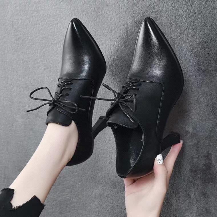 Pointed high heels women's autumn black first-layer cowhide lace-up stiletto fashion shoes two kinds of high-depth single shoes