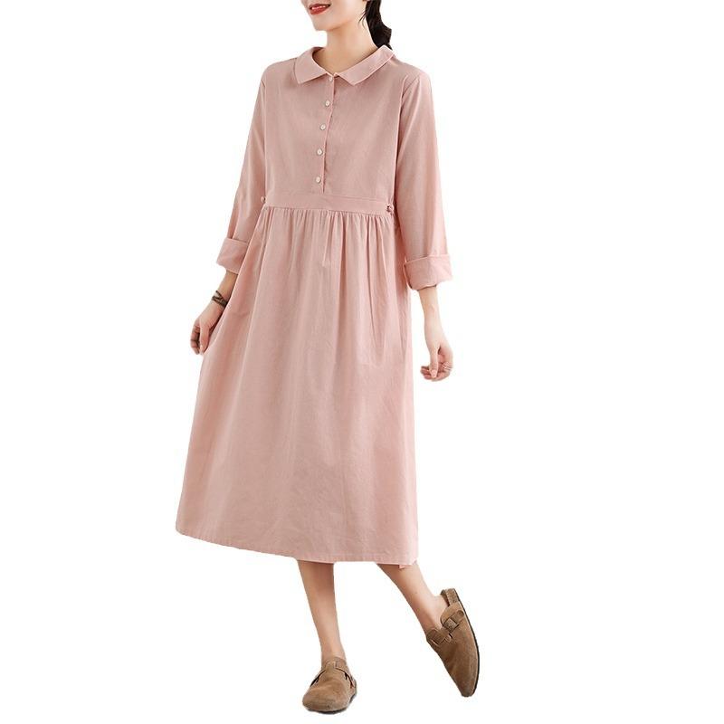 2025 new 6-color 4-size linen dress women's pullover long-sleeved medium and long solid color cotton and linen dress