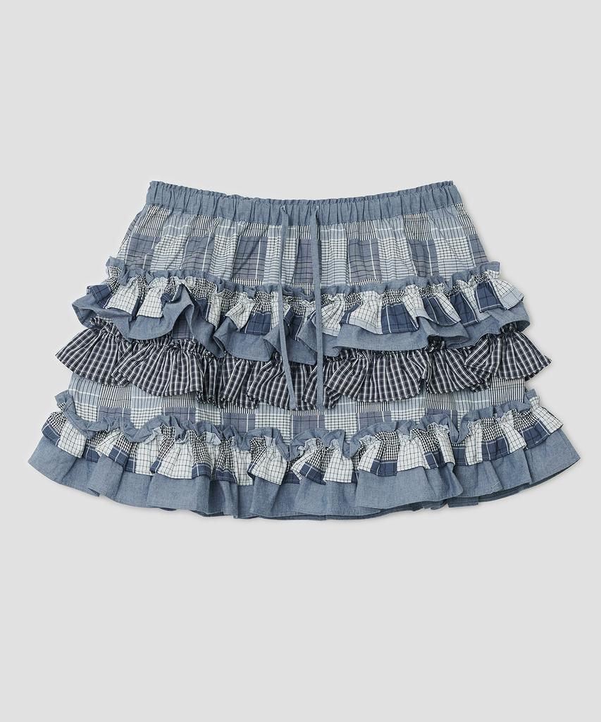 Taibseobiseu Mixed Fabric Tiered Skirt [Blue]
