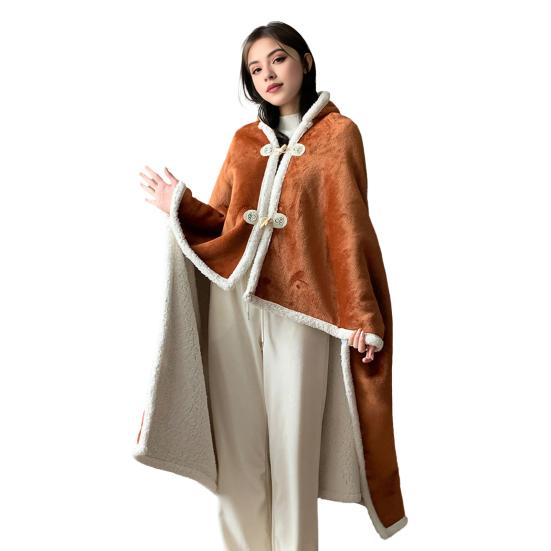 Cape Blanket Plush Hooded Cape with Button Fastening Double-Sided Warmth White Trim Blanket Cape Office Nap Comfort Throw Blanket