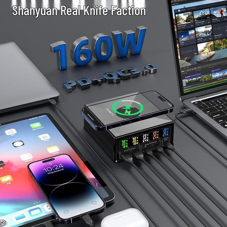 160W Multi-Port Wireless Charging Station with Digital Display for Phones & Tablets