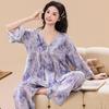 Women's Cotton Silk Floral Pajama Set: Long-Sleeve Top, Long Pants, Trendy Two-Piece for Both Indoors & Outdoors
