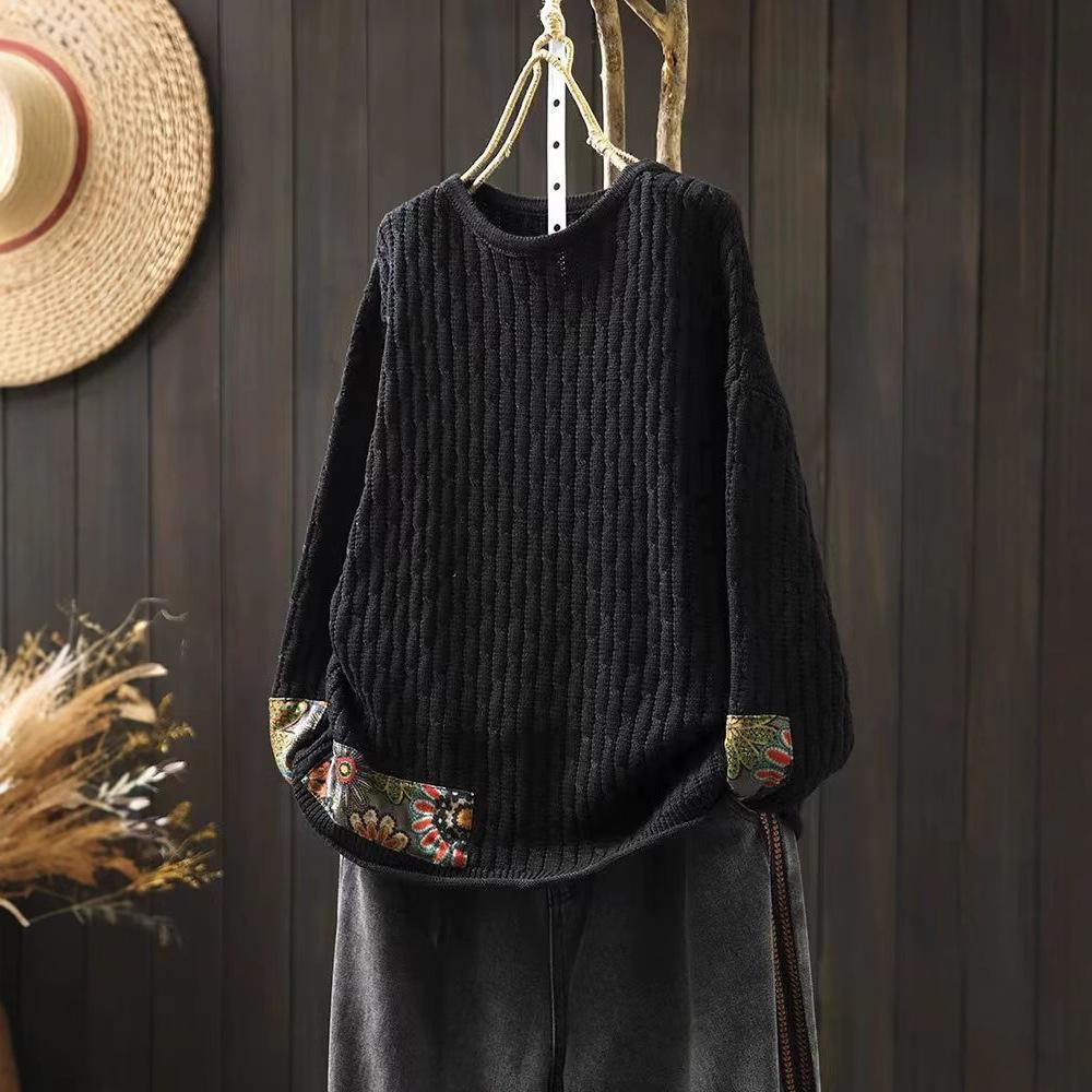 Winter Fall Fashion Vintage Sweater Women's O-neck Loose Casual Lazy-style Casual Pullover Flower Print Patchwork Knitwear