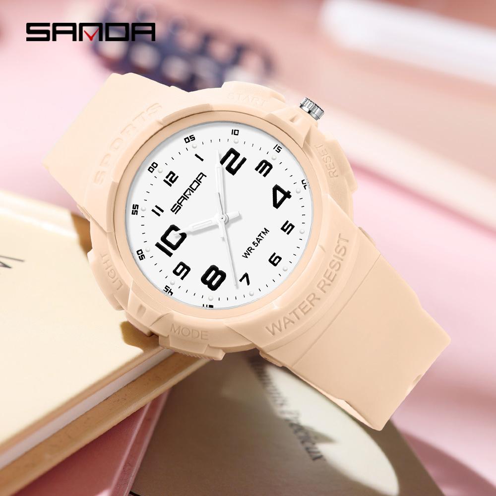 Sanda Trendy Design Soft Student Watch TPU Strap 50M Depth Waterproof Quartz Movement Children Fashion Sports Wrist Watch