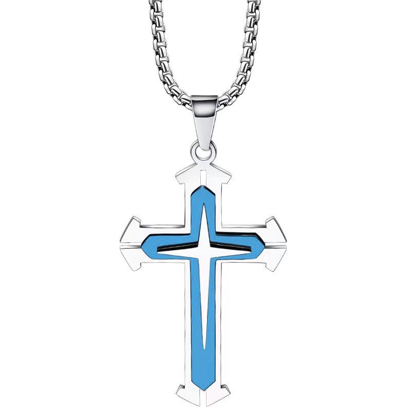 2026 Collana a Pendente Multistrato con Croce in Acciaio Inossidabile alla Moda in Stile Retro Europeo e Americano