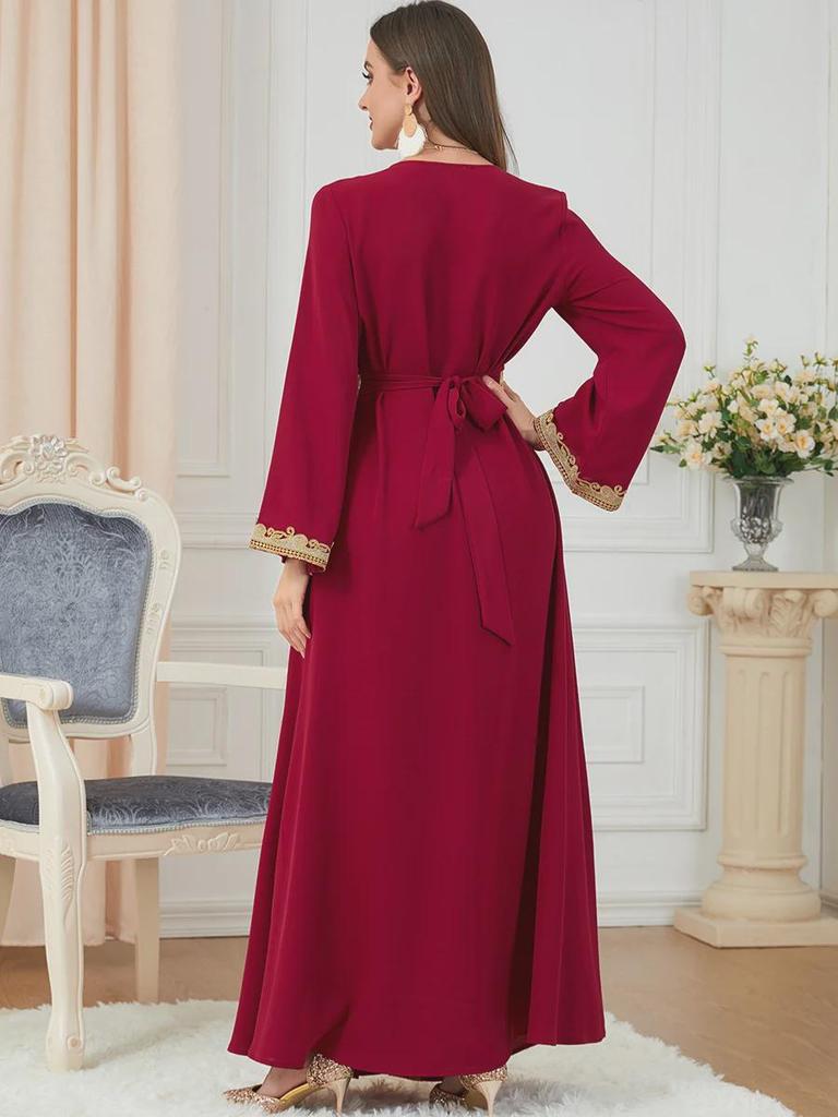 Embroidered Solid Color Maxi Dress with Long Sleeves for Muslim Women
