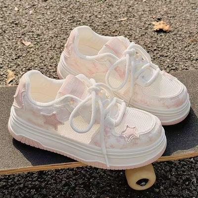 Girls Casual Shoes Candy Sweet Color Kids Tennis Shoes Mesh Breathable 2025 New Children Flat Shoes Soft Sole Lace-up Pu Leather