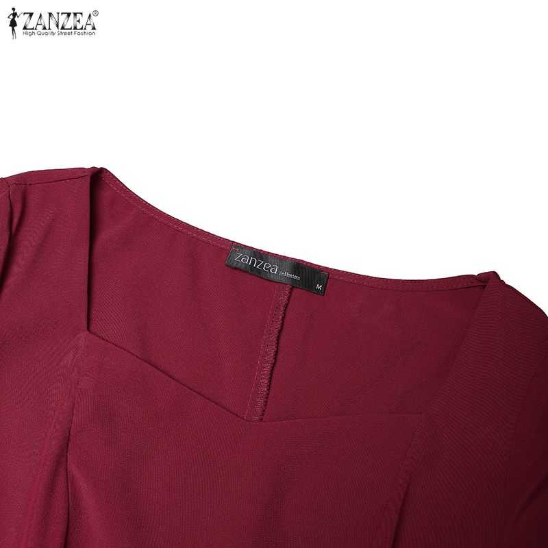 ZANZEA Dames Vierkante Hals Lange Mouwen Geplooide Hoge Taille Elegante Feest Midi Jurk