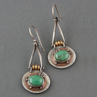 Orecchini Pendenti Etnici Ovali in Metallo con Pietra Verde da Donna Vintage Bicolore Personalizzati con Gancio Gioielli