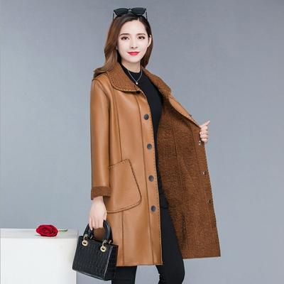 Outerwear Mid Length Leather Jacket, Plus Size Casual Button Style, Fur Integrated Mid Length Women's Jacket