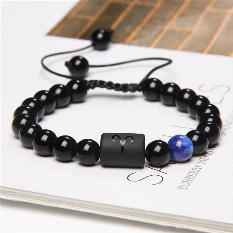 12 Constellation Zodiac Signs Bracelet Black Onyx Beads Cancer Leo Onyx Braided Bracelet for Women Men Couples Jewelry Gift
