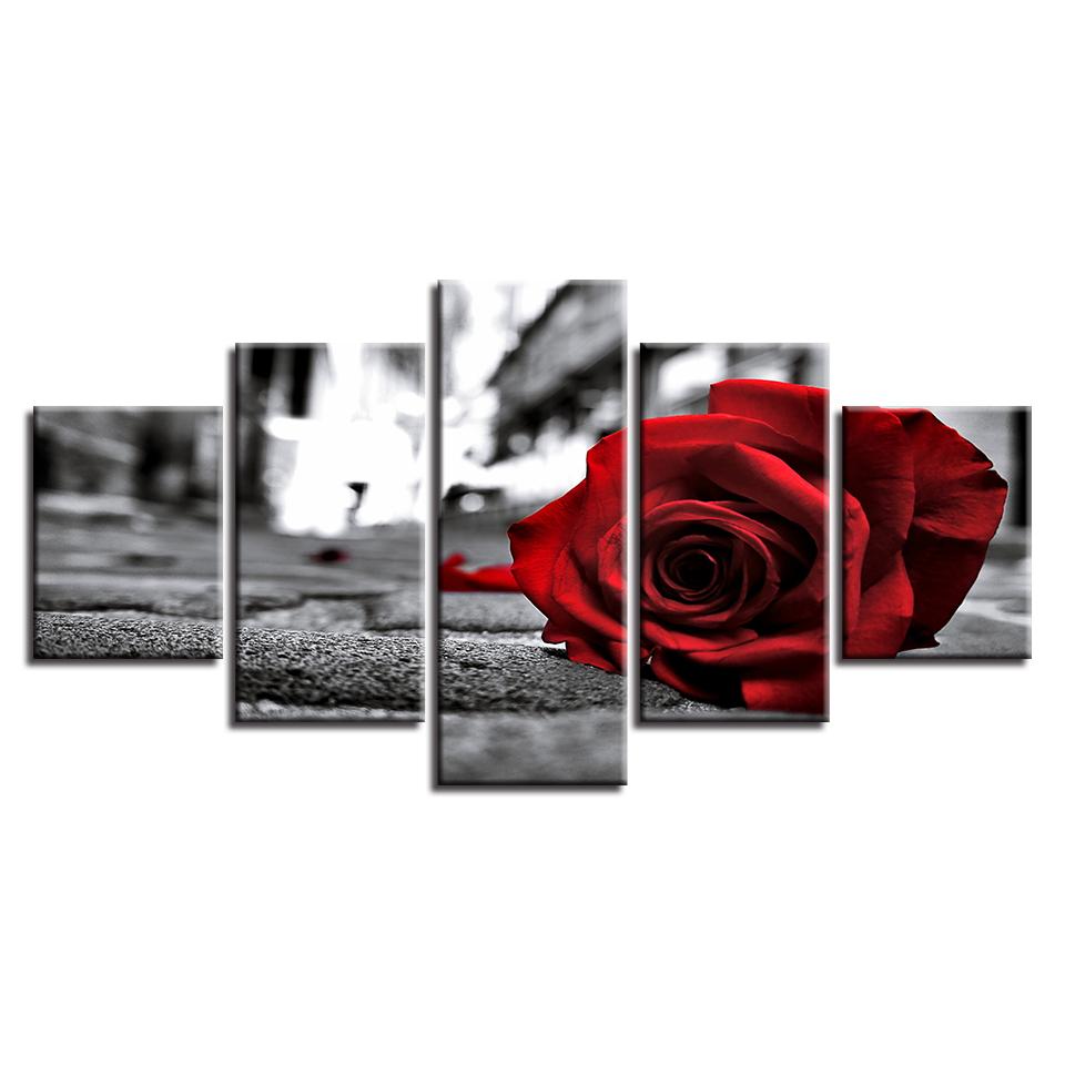 

Черно-белые принты для декора гостиной, настенная живопись, 5 шт., романтические красные розы, цветы, холст, картины, модульный постер 20x35cm*2 20x45cm*2 20x55cm*1