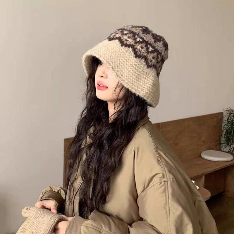 Retro Jacquard Knitted Bucket Hat Autumn Winter Korean Warm Casual Basin Hat For Women