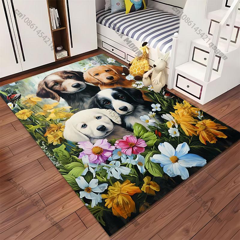 Puppies surrounded by colorful flowers carpet Yoga living room room decor children's crawling mat doormat area rug games mat