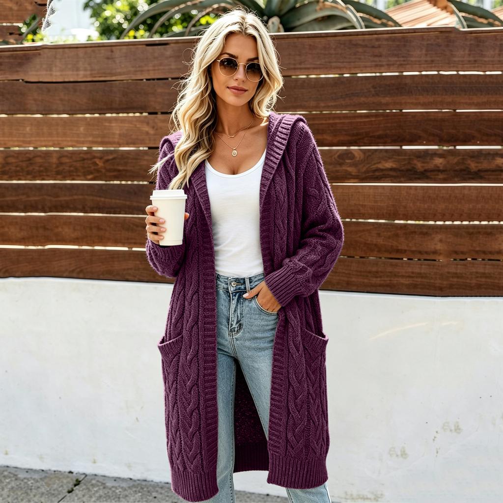 Women's Long Knit Cardigan with Hood - Long Sleeve Sweater Coat with Pockets