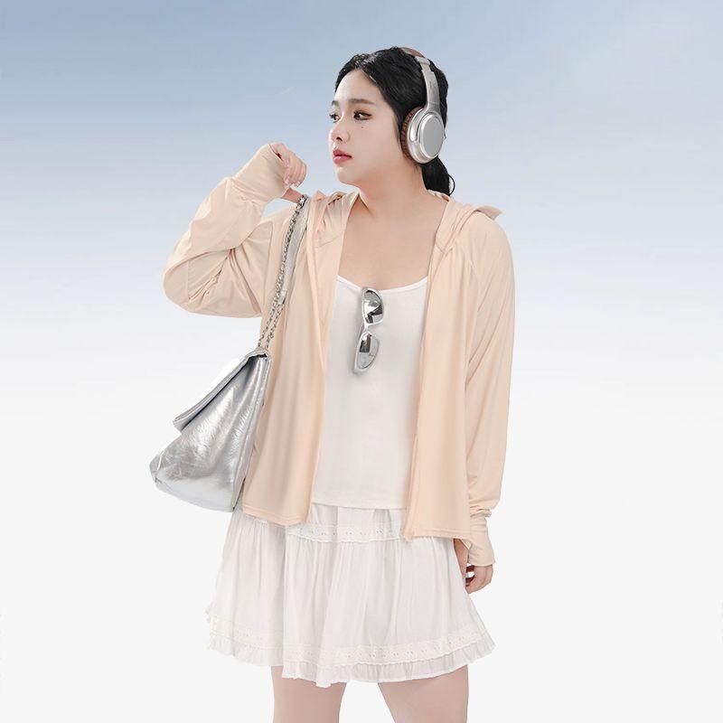 

Plus size women clothing [Ice Silk Instant Cool Sun Protection Clothing] Chubby Girl Summer Airable Shirt Hood Loose UV Protection Outerwear Coral powder 3XL