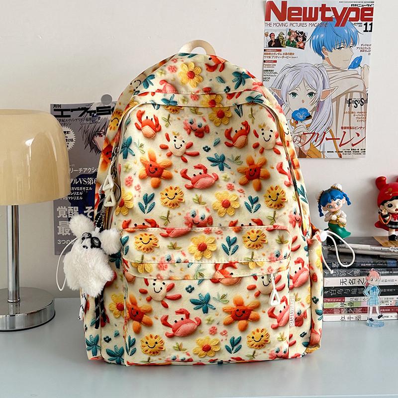 Cute Crab Flower Fox Bear Daisy Cartoon Printed Student Backpack With Pendant