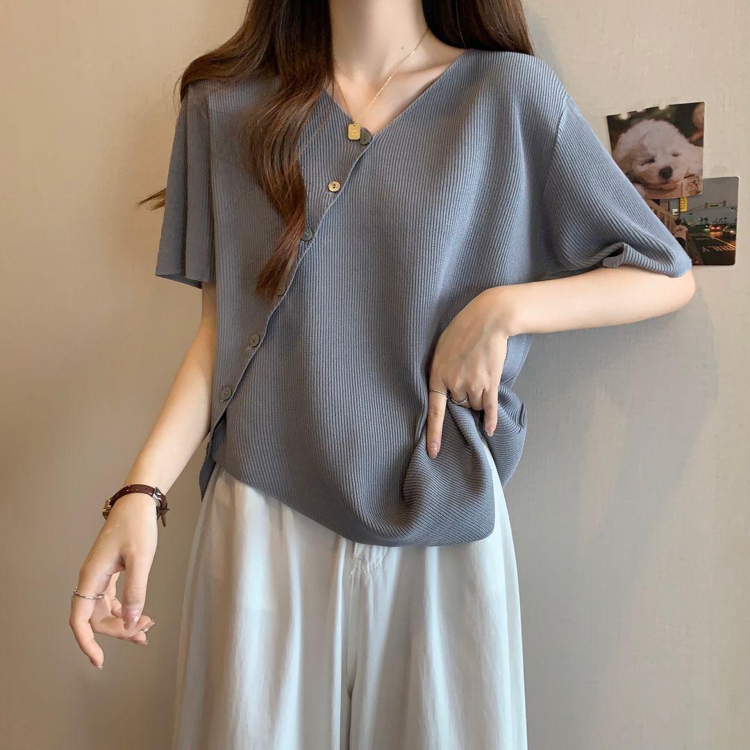 

Женская футболка с коротким рукавом на лето, свободный и утягивающий, нерегулярный и универсальный топ XL