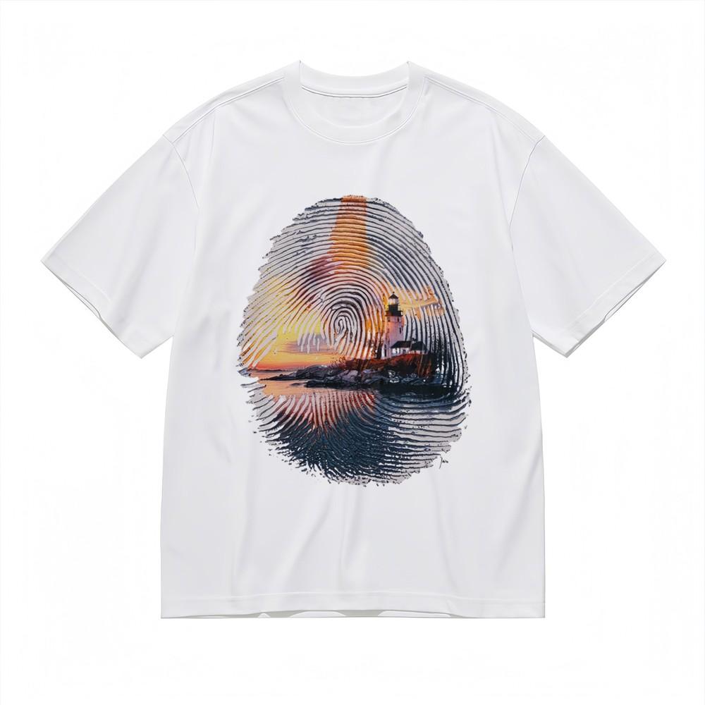 Men's Comfortable Trend Classic T-Shirt Lighthouse In Fingerprint Graphic Tee