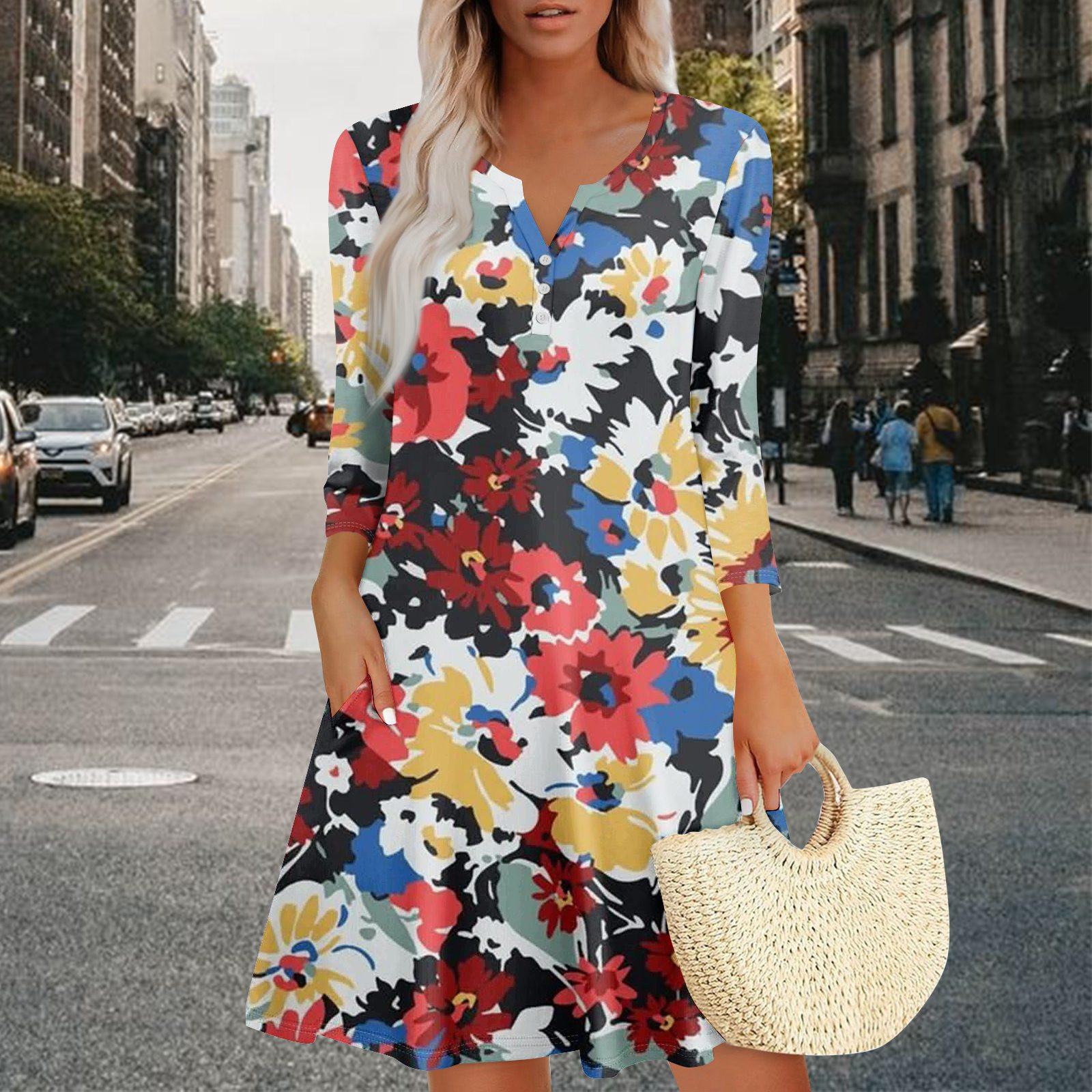 

Женское летнее платье, свободное платье с V-образным вырезом, рукавом три четверти и карманами S