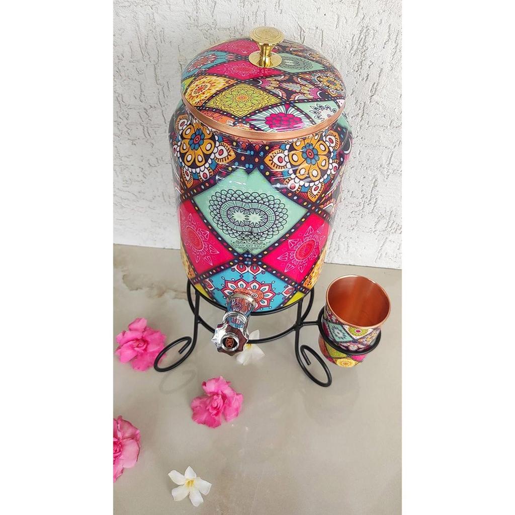 Pure Copper Colorful Diamonds Printed Design Water Pot Heavy Gauge with Brass Tap & Copper Glass & Stand, Storage & Serving Water, Volume- 5 Liters